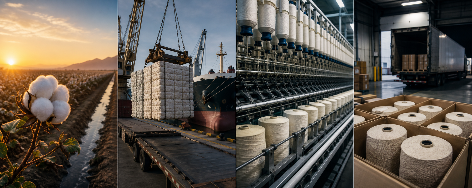 American Pima cotton growing, exported in bales, spun into yarn overseas, and returned as finished yarn