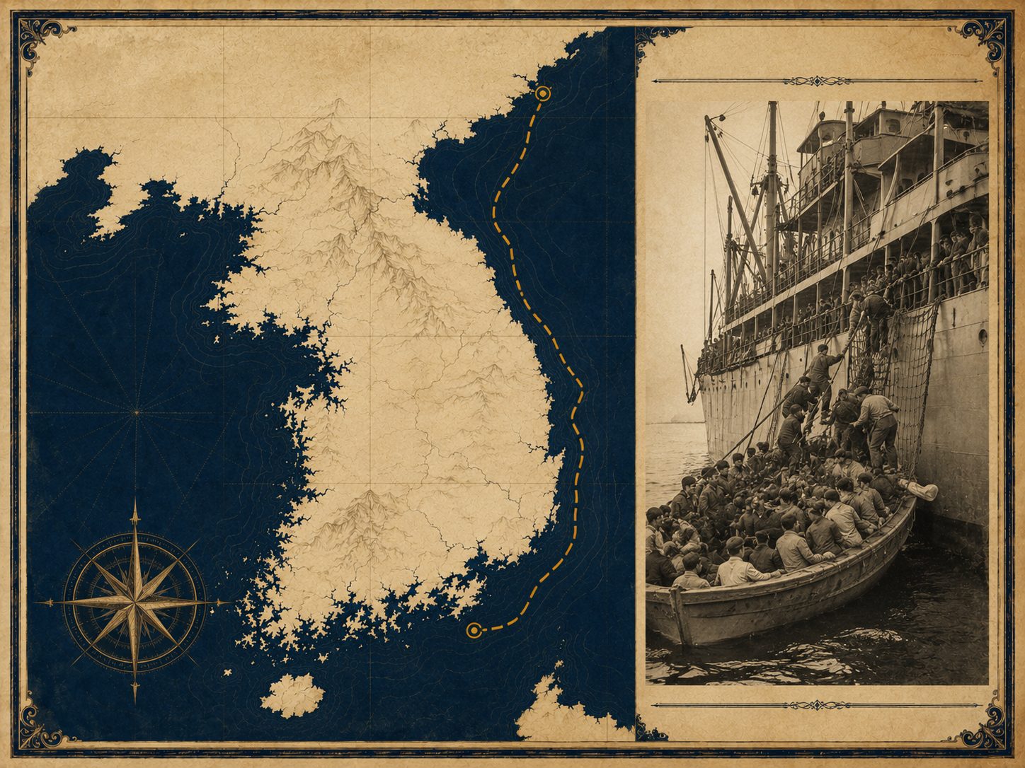 Antique chart of the Korean peninsula tracing the 1950 evacuation voyage, beside a photograph of refugees boarding an evacuation ship at Hŭngnam.