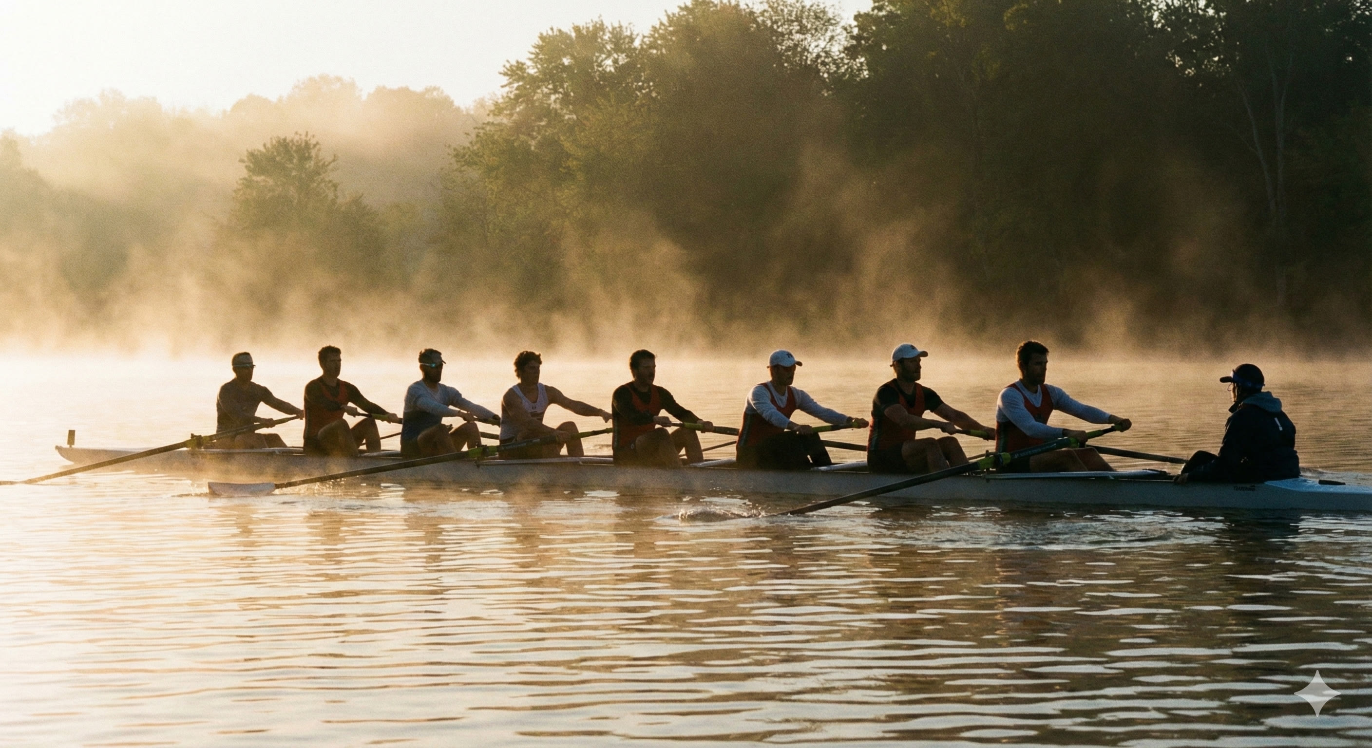 Rowing crew at misty dawn