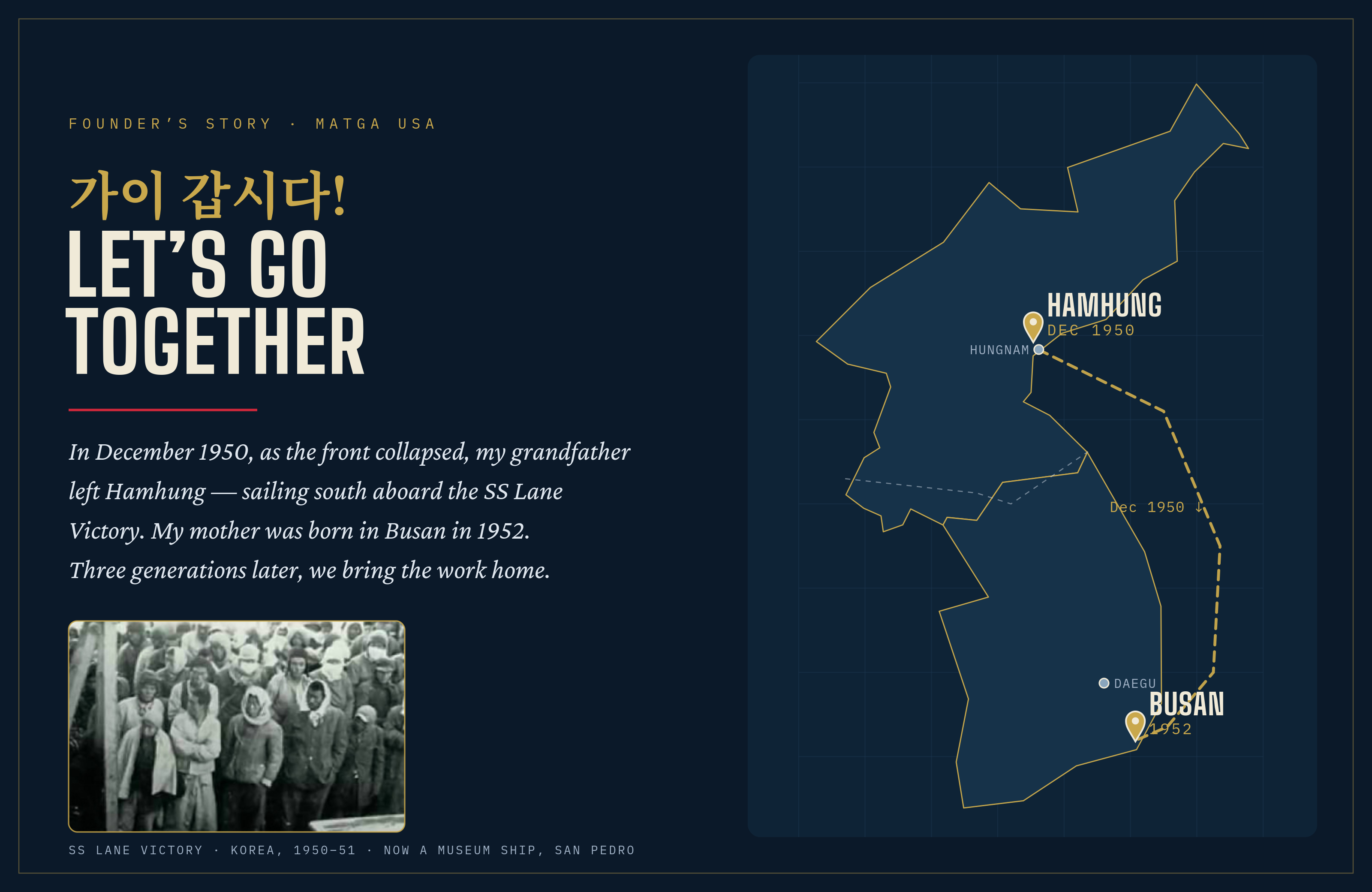 Founder's Story map — a December 1950 voyage from Hamhung to Busan aboard the SS Lane Victory